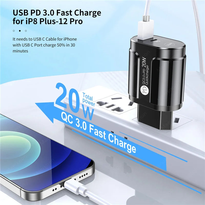 20W PD USB C Charger Fast Charging Wall Charger Quick Charge 3.0 Mobile Phones Adapter For Iphone Xiaomi Samsung Type C Chargers