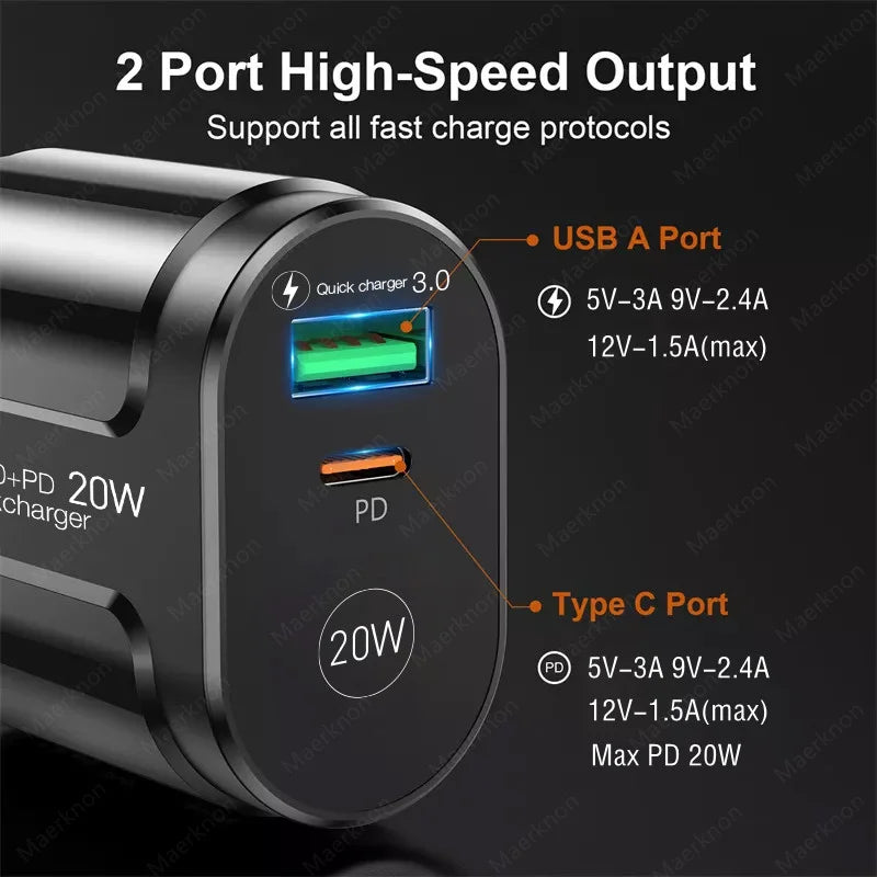 20W PD USB C Charger Fast Charging Wall Charger Quick Charge 3.0 Mobile Phones Adapter For Iphone Xiaomi Samsung Type C Chargers