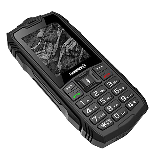 Hammer H Rock teléfono Duradero para Trabajar, Mega batería de 1800 mAh, Pantalla de 2.4", Resistente al Agua (IP68), A Prueba de Golpes (IK05), Teléfono de botón, Linterna, Dual-SIM, Negro