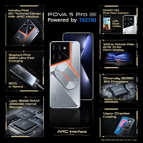 Pova 5 Pro 5G (Silver Fantasy, 8 GB de RAM, 256 GB de almacenamiento) | Segmento 1er 68 W de carga ultra rápida | 1ª interfaz ARC retroiluminada multicolor | Cámara dual AI de 50 MP |