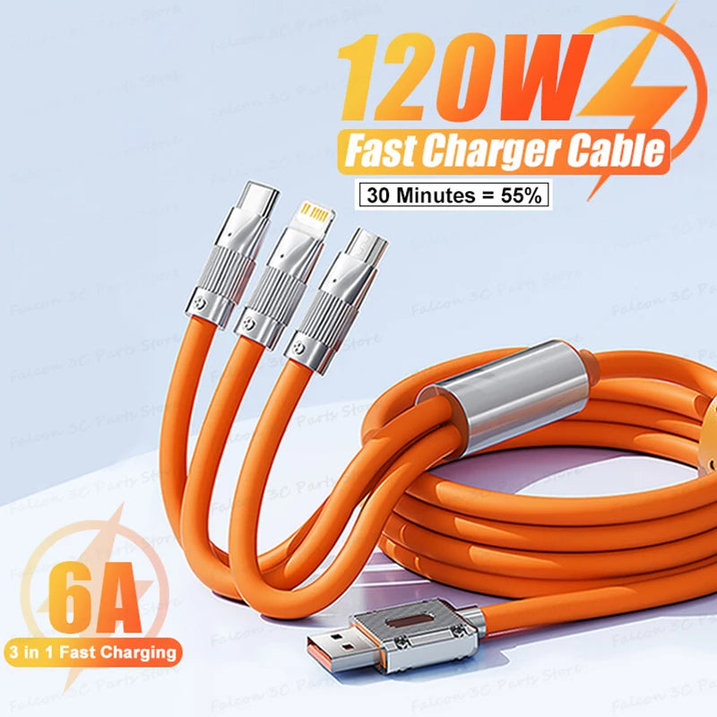 Cable Micro USB de carga rápida 3 en 1, 120W, para iPhone 14, 11 Pro Max, Xiaomi, Huawei, Samsung, USB tipo C a Lightning Data, Cable inalámbrico