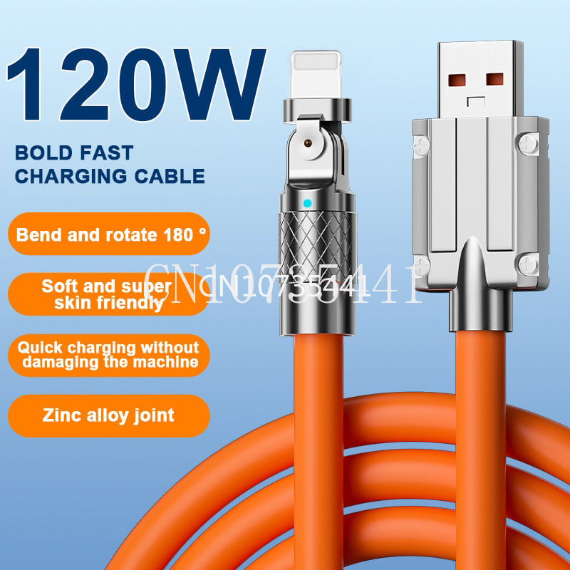 Cable carga Ultra rápida giratoria 180 USB de silicona de 120W y 6A para iPhone, iPad