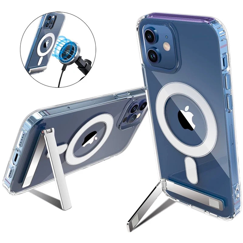 Funda transparente Magsafe con soporte de metal para iPhone 15 14 Pro Max 13 12 11 Mini