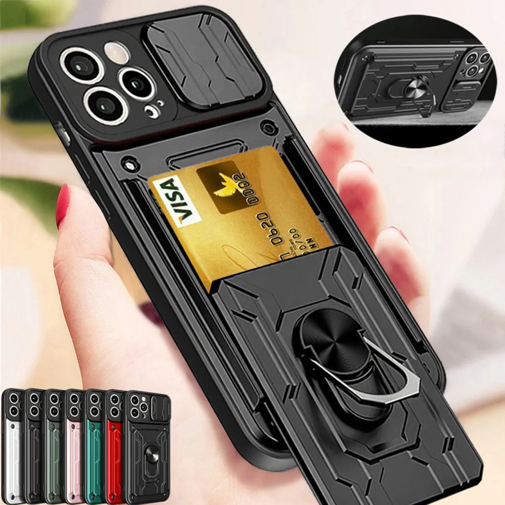 Funda magnética de grado militar con protección para cámara trasera y ranura de tarjetas   para iPhone 15, 14, 13, 12, 11 Pro Max, XR, XS, 8, 7 Plus, SE 360