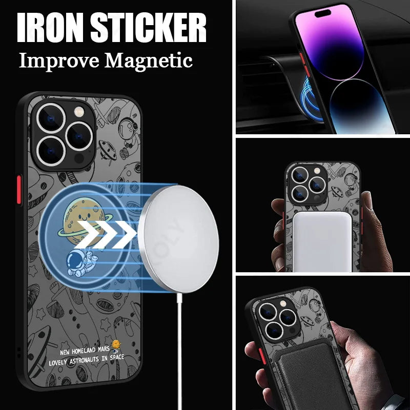 Funda de teléfono de carga inalámbrica Magsafe, cubierta dura acrílica mate, astronauta lindo, iPhone 15, 14 Pro Max, 13, 12 Pro, 11, 7, 8, SE