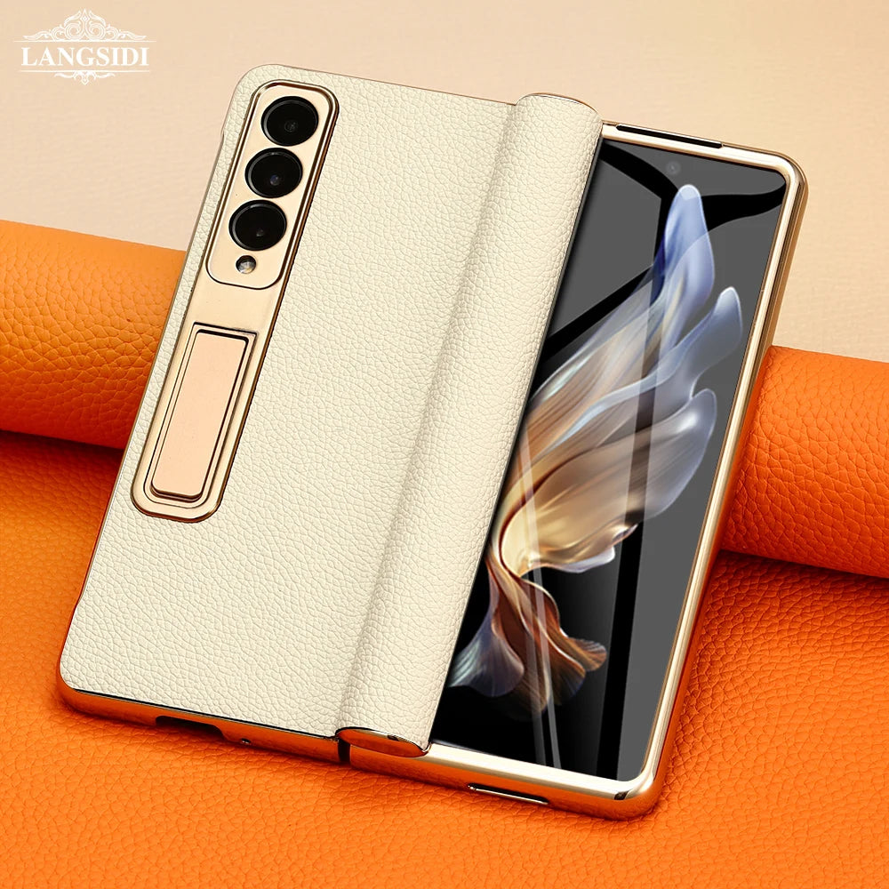 Funda de teléfono de cuero para Samsung Galaxy Z Fold 5 4 3 Fold4 Fold5 Zfold Z Fold 5 4 3 Fold5 Fold4 Fold3 zFold4 zFold5 zFold3, bisagra magnética chapada en oro, soporte trasero con película de espejo