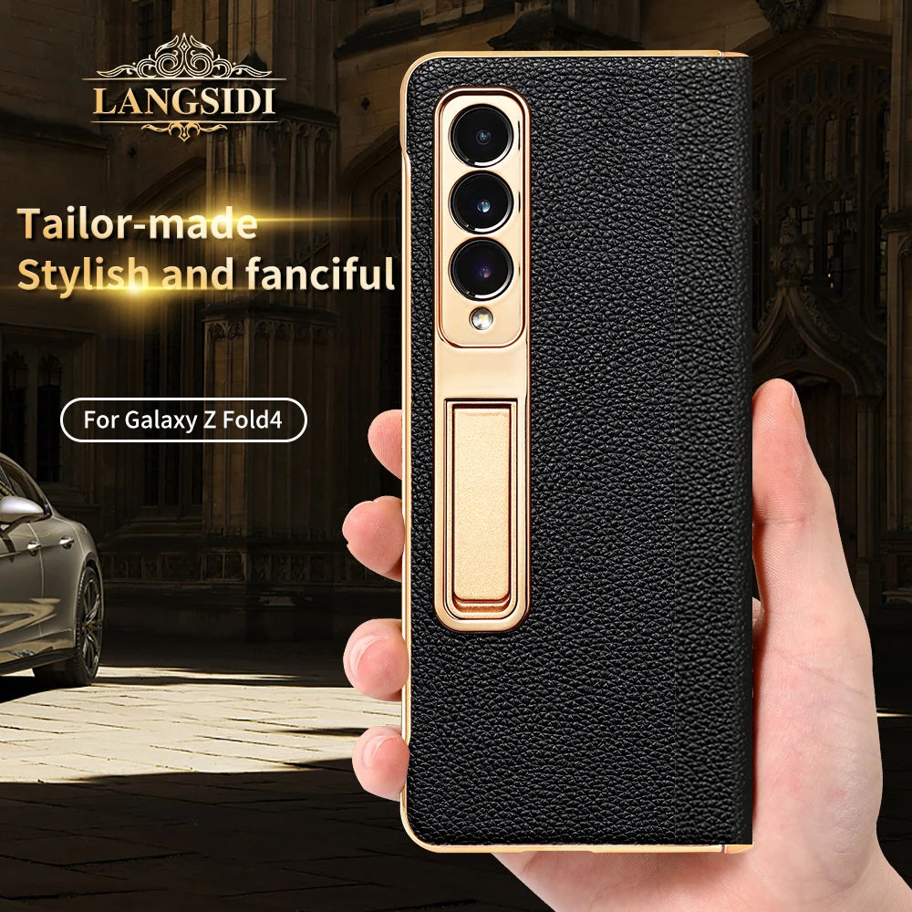 Funda de teléfono de cuero para Samsung Galaxy Z Fold 5 4 3 Fold4 Fold5 Zfold Z Fold 5 4 3 Fold5 Fold4 Fold3 zFold4 zFold5 zFold3, bisagra magnética chapada en oro, soporte trasero con película de espejo