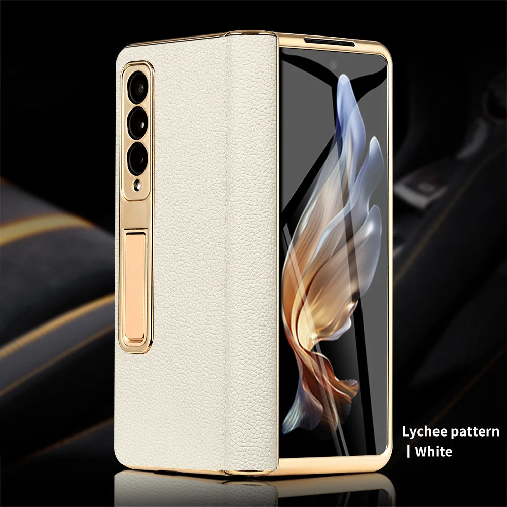 Funda de teléfono de cuero para Samsung Galaxy Z Fold 5 4 3 Fold4 Fold5 Zfold Z Fold 5 4 3 Fold5 Fold4 Fold3 zFold4 zFold5 zFold3, bisagra magnética chapada en oro, soporte trasero con película de espejo