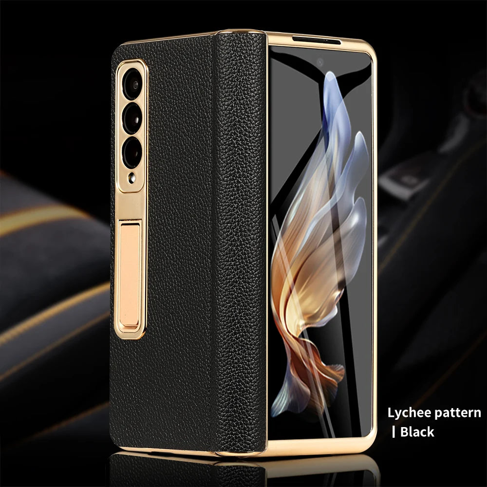 Funda de teléfono de cuero para Samsung Galaxy Z Fold 5 4 3 Fold4 Fold5 Zfold Z Fold 5 4 3 Fold5 Fold4 Fold3 zFold4 zFold5 zFold3, bisagra magnética chapada en oro, soporte trasero con película de espejo