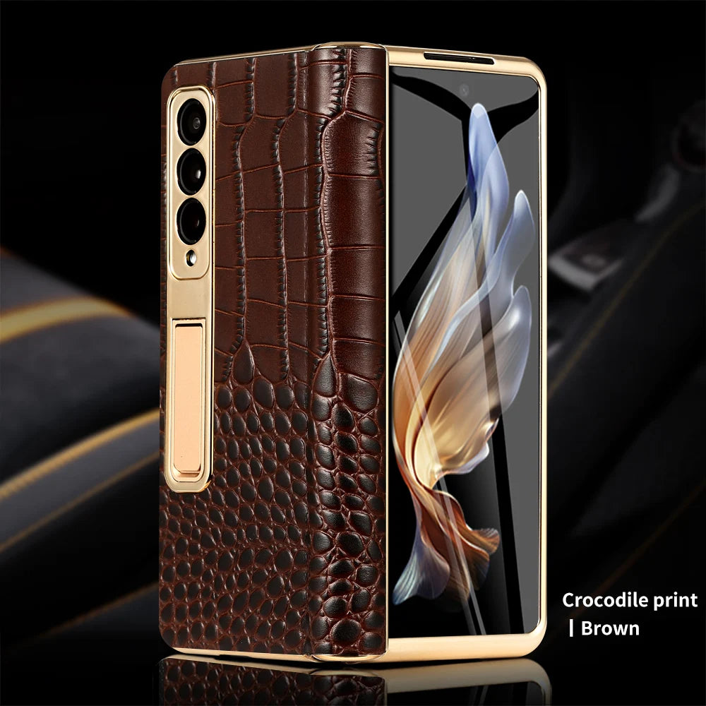 Funda de teléfono de cuero para Samsung Galaxy Z Fold 5 4 3 Fold4 Fold5 Zfold Z Fold 5 4 3 Fold5 Fold4 Fold3 zFold4 zFold5 zFold3, bisagra magnética chapada en oro, soporte trasero con película de espejo