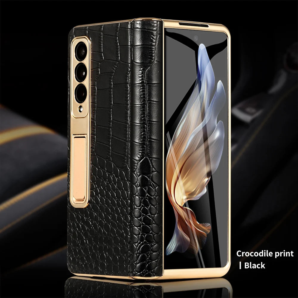 Funda de teléfono de cuero para Samsung Galaxy Z Fold 5 4 3 Fold4 Fold5 Zfold Z Fold 5 4 3 Fold5 Fold4 Fold3 zFold4 zFold5 zFold3, bisagra magnética chapada en oro, soporte trasero con película de espejo