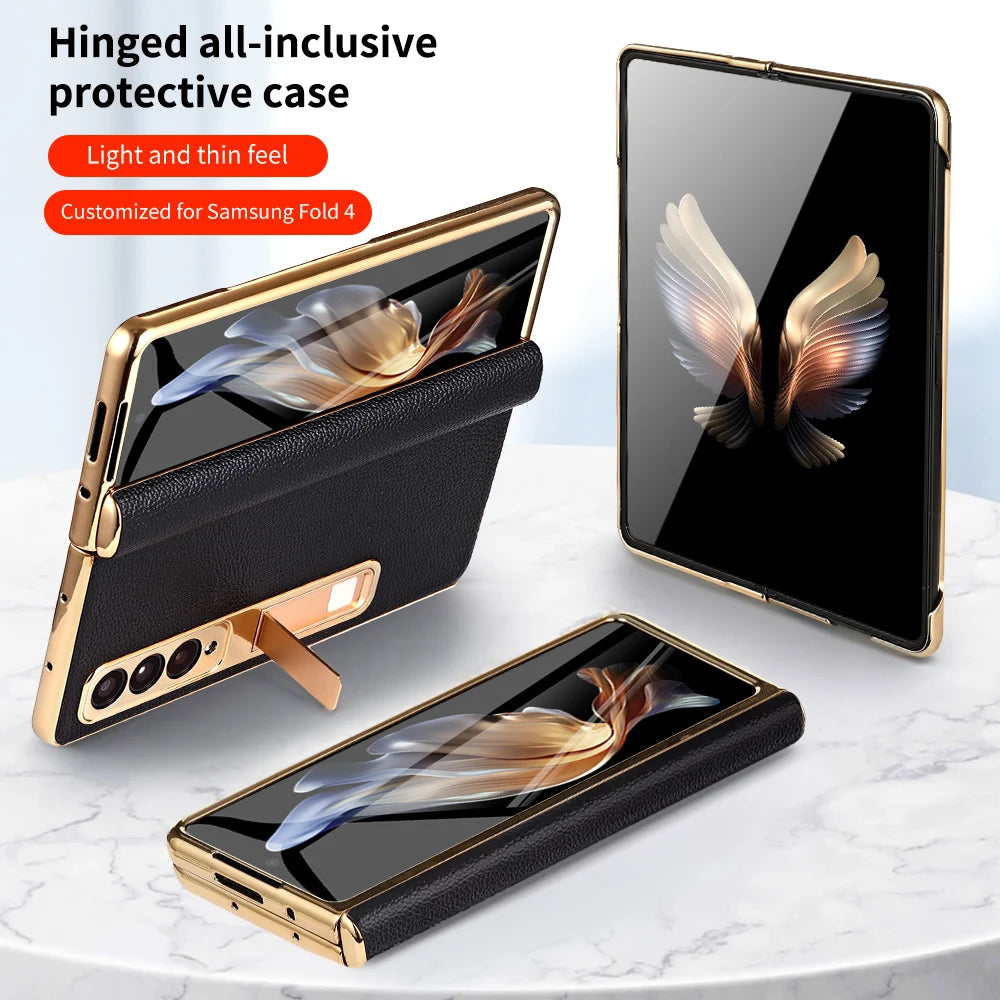 Funda de teléfono de cuero para Samsung Galaxy Z Fold 5 4 3 Fold4 Fold5 Zfold Z Fold 5 4 3 Fold5 Fold4 Fold3 zFold4 zFold5 zFold3, bisagra magnética chapada en oro, soporte trasero con película de espejo