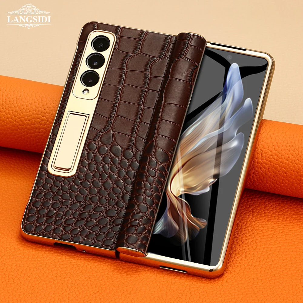 Funda de teléfono de cuero para Samsung Galaxy Z Fold 5 4 3 Fold4 Fold5 Zfold Z Fold 5 4 3 Fold5 Fold4 Fold3 zFold4 zFold5 zFold3, bisagra magnética chapada en oro, soporte trasero con película de espejo