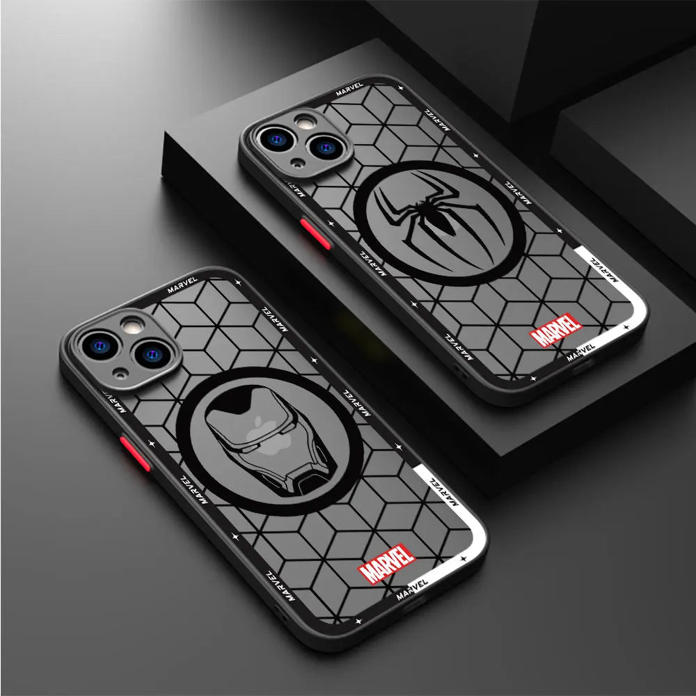 Funda de teléfono mate para IPhone 15, 13, 12, 11, 14 Pro Max, 13Mini, X, XS Max, XR, 7, 8 Plus, SE(2022), funda transparente de Marvel, Iron Man, Spider