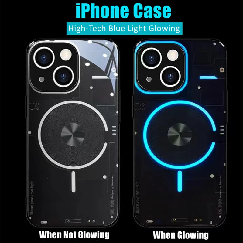 Funda recargable de alta tecnología LED luz azul brillante luminosa a prueba de golpes para iPhone 11 12 13 14 Pro Plus Max