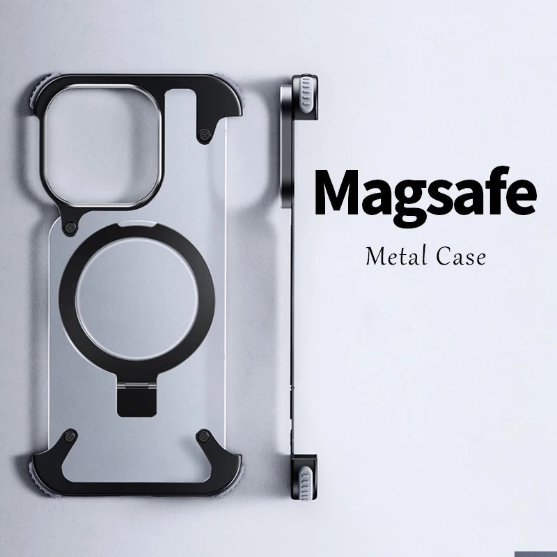 Funda de teléfono sin montura con soporte magnético de aleación de aluminio para iPhone 13 14 15 Pro Max 15Plus, carcasa de lente de Metal, cubierta trasera mate esmerilada