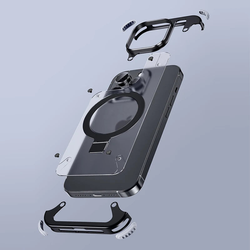 Funda de teléfono sin montura con soporte magnético de aleación de aluminio para iPhone 13 14 15 Pro Max 15Plus, carcasa de lente de Metal, cubierta trasera mate esmerilada