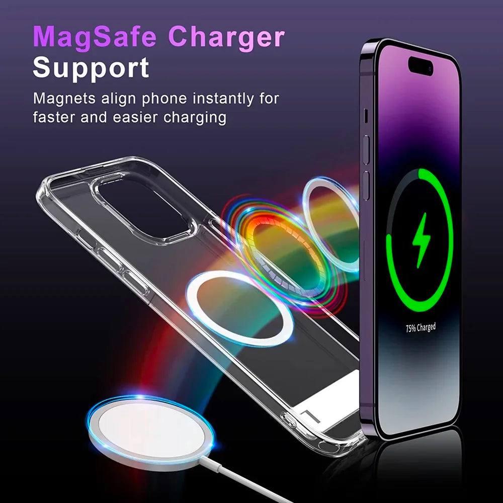 Funda transparente Magsafe con soporte para iPhone 14 Pro Max 13 12 11 Mini 15 Plus, cubierta trasera móvil a prueba de golpes