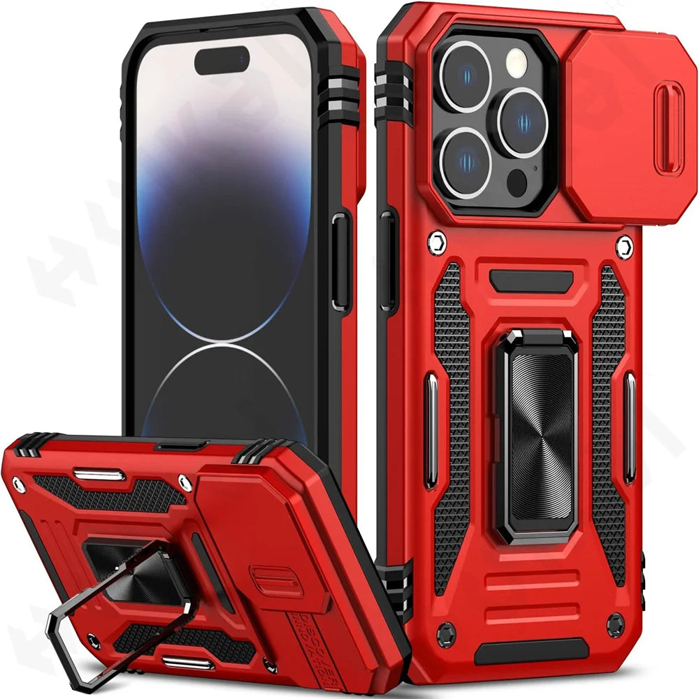 Funda magnética con soporte de anillo para iPhone, carcasa anticaída para cámara deslizante, para iPhone 15 Pro Max Plus