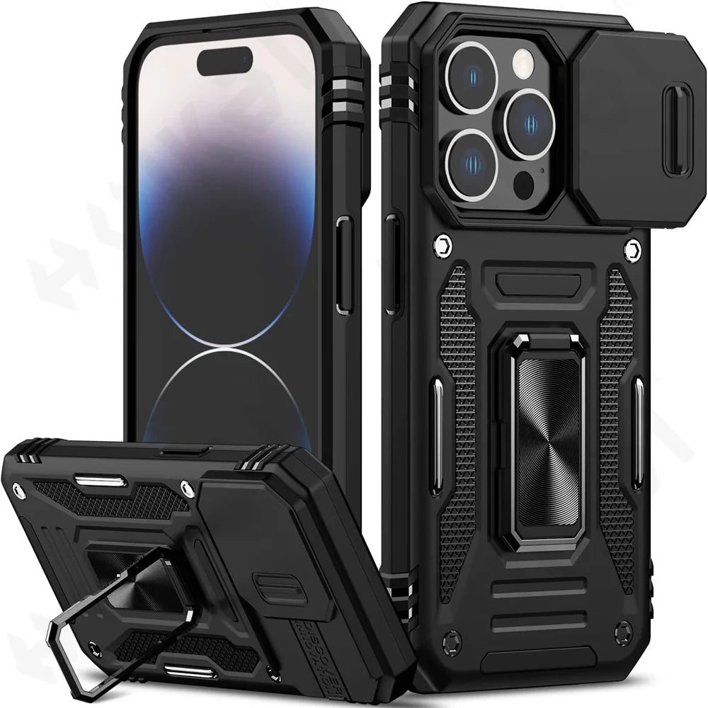 Funda magnética con soporte de anillo para iPhone, carcasa anticaída para cámara deslizante, para iPhone 15 Pro Max Plus