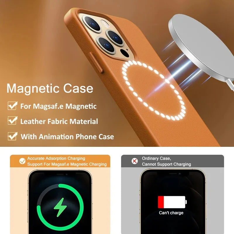 Funda magnética for Magsafe de cuero de lujo para iPhone, 15, 14, 13 Pro Max Plus Mini con animación, accesorios de carga para teléfono