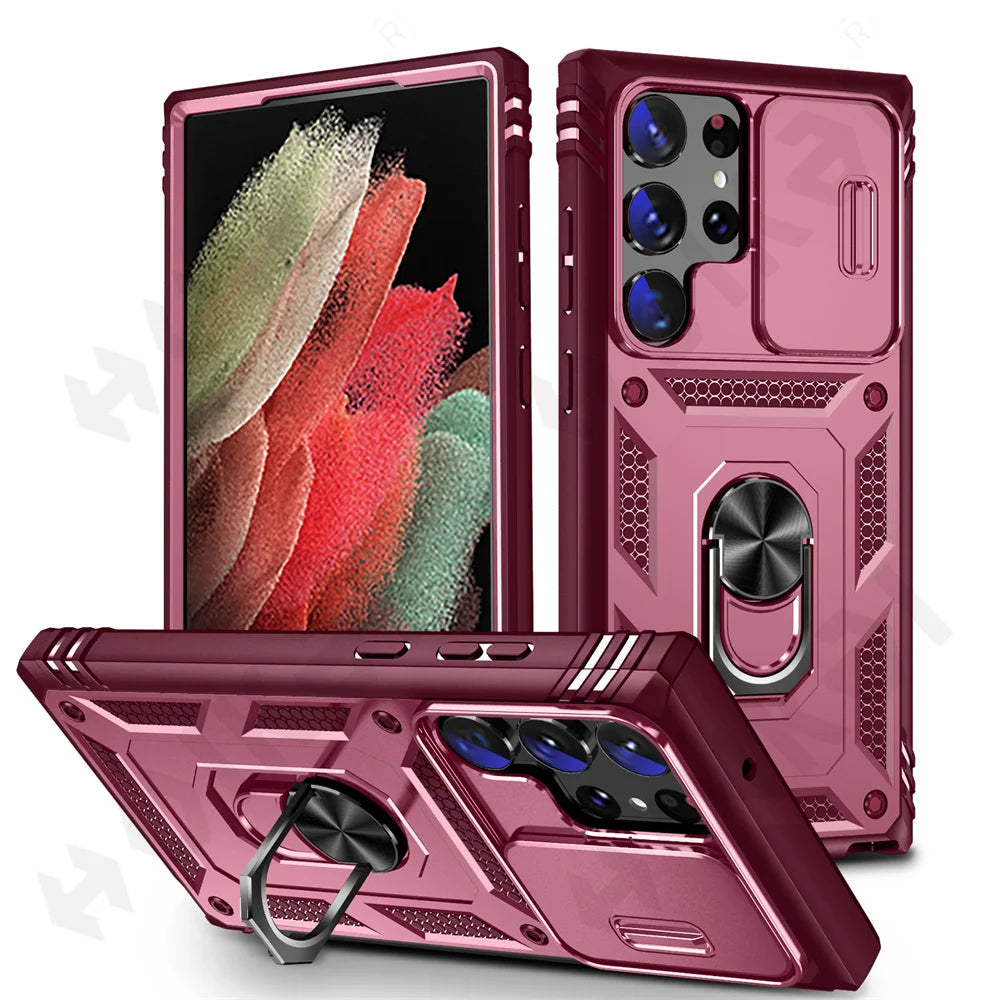 Funda para Samsung Galaxy S23, S22, S21, Ultra FE Plus, A53, A52, A13, A14, 5G - Diseño de Cámara Deslizante, Ranura para Tarjetas y Anillo de Soporte Giratorio