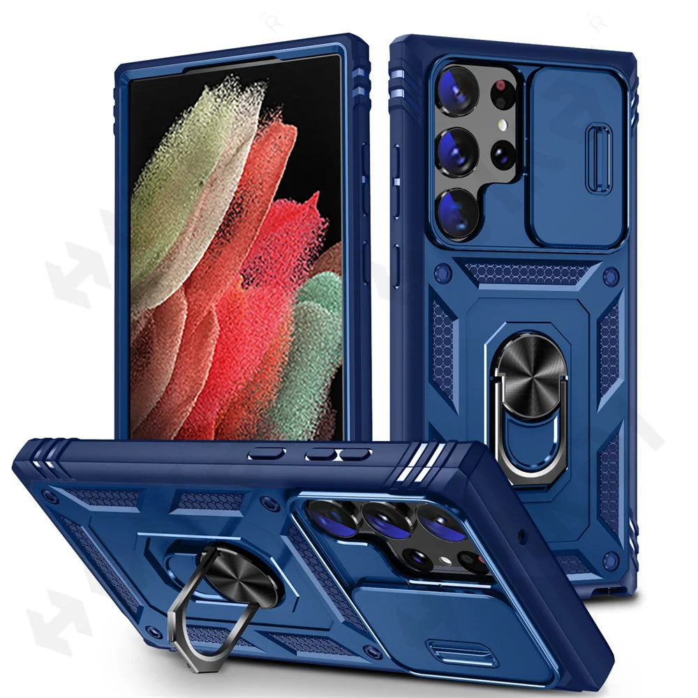 Funda para Samsung Galaxy S23, S22, S21, Ultra FE Plus, A53, A52, A13, A14, 5G - Diseño de Cámara Deslizante, Ranura para Tarjetas y Anillo de Soporte Giratorio