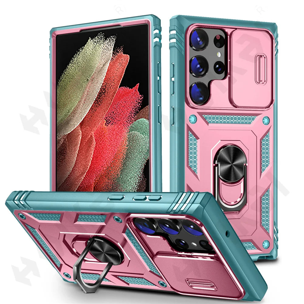 Funda para Samsung Galaxy S23, S22, S21, Ultra FE Plus, A53, A52, A13, A14, 5G - Diseño de Cámara Deslizante, Ranura para Tarjetas y Anillo de Soporte Giratorio