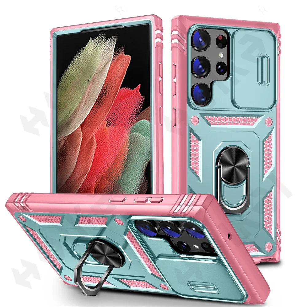 Funda para Samsung Galaxy S23, S22, S21, Ultra FE Plus, A53, A52, A13, A14, 5G - Diseño de Cámara Deslizante, Ranura para Tarjetas y Anillo de Soporte Giratorio