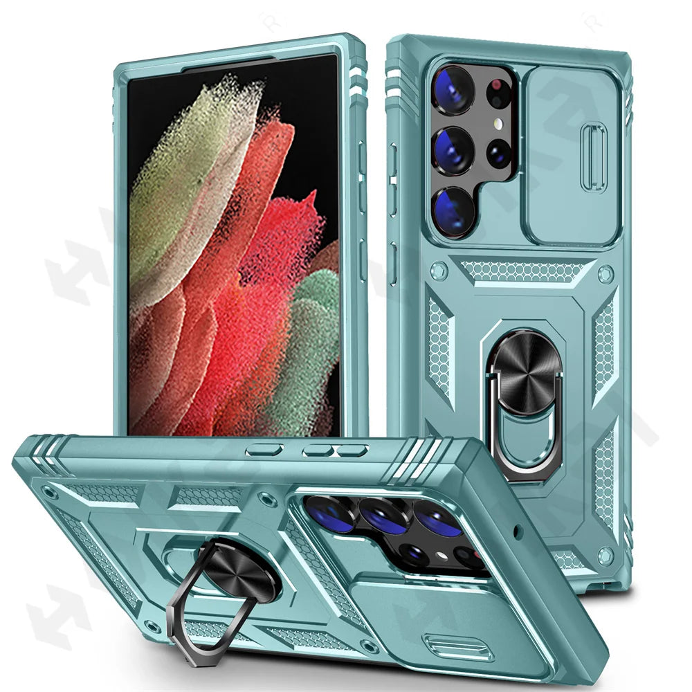 Funda para Samsung Galaxy S23, S22, S21, Ultra FE Plus, A53, A52, A13, A14, 5G - Diseño de Cámara Deslizante, Ranura para Tarjetas y Anillo de Soporte Giratorio