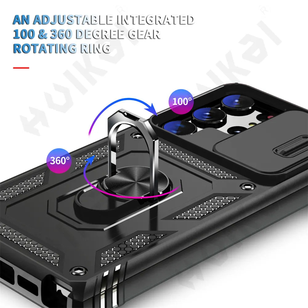 Funda para Samsung Galaxy S23, S22, S21, Ultra FE Plus, A53, A52, A13, A14, 5G - Diseño de Cámara Deslizante, Ranura para Tarjetas y Anillo de Soporte Giratorio