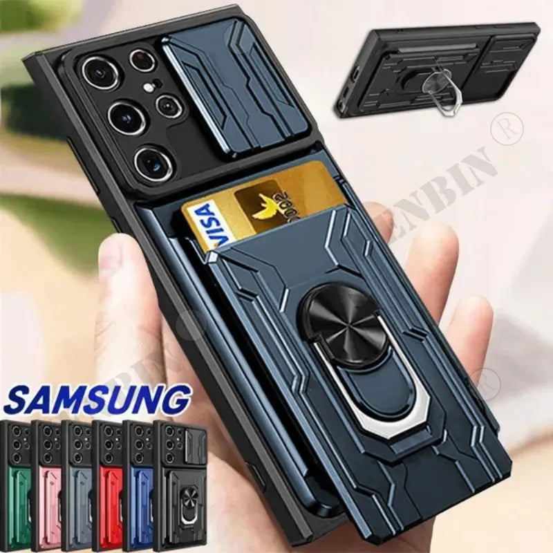 Funda Multifunción para Samsung Galaxy S23, S22 Ultra Plus, S23 FE, A73, A54, A14, A24 con Anillo de Soporte Deslizante 360 y Protector de Lente de Cámara Deslizante