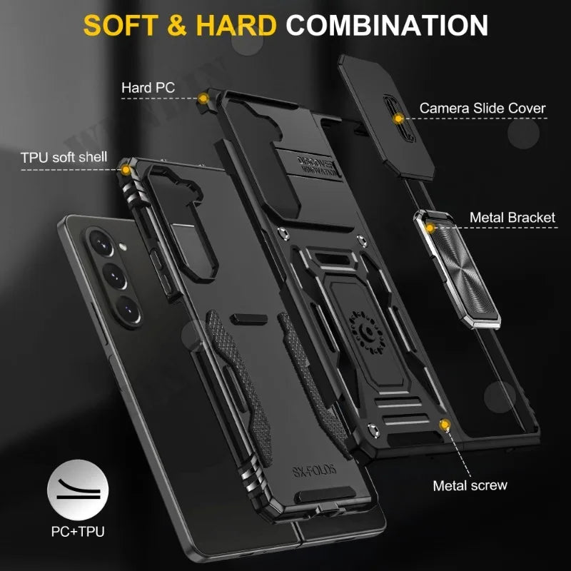 Funda de Anillo Magnético y Cubierta de Cámara Deslizante para Samsung Galaxy - Compatible con Z Flip Fold 5, S23, S22, Ultra Plus, A54, A34, A24, A14, A73, A53, A33, A13