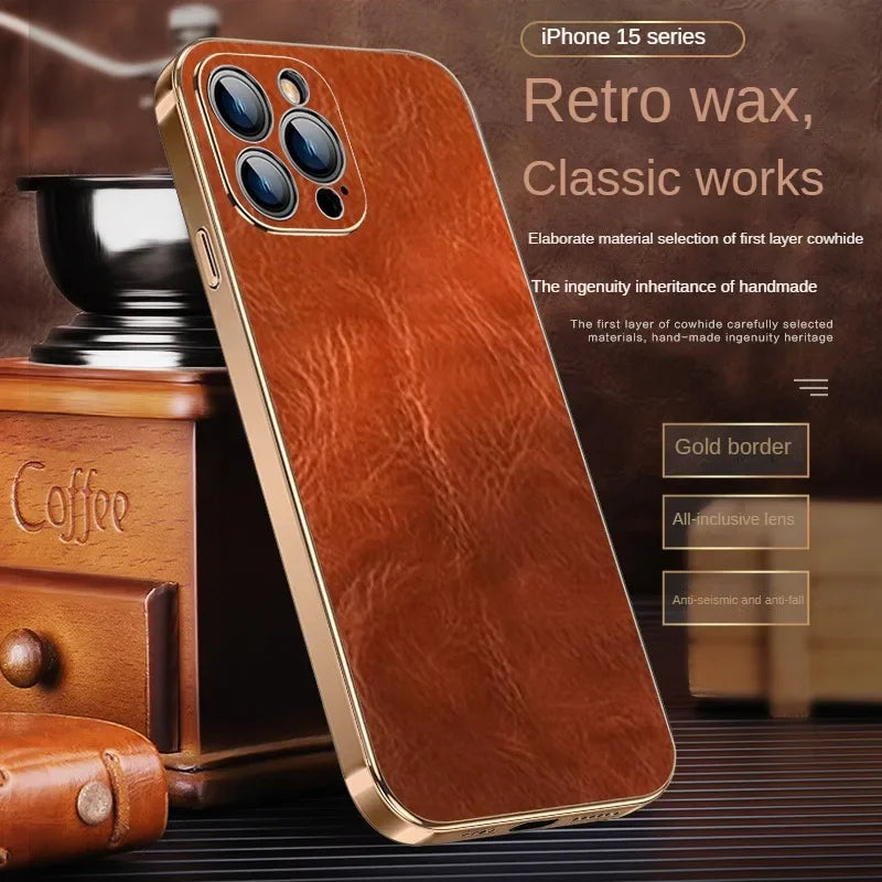 Funda protectora de cuero genuino de lujo para iPhone 15 Pro Max, lente Retro, protección de agujero pequeño de precisión, nuevo