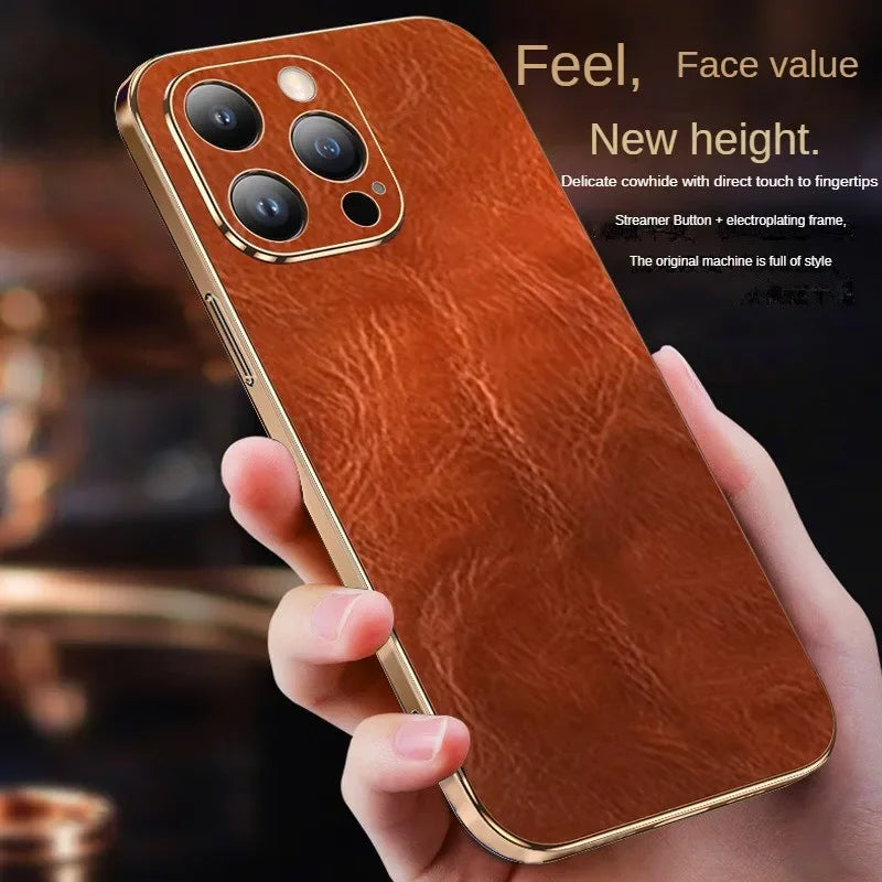 Funda protectora de cuero genuino de lujo para iPhone 15 Pro Max, lente Retro, protección de agujero pequeño de precisión, nuevo