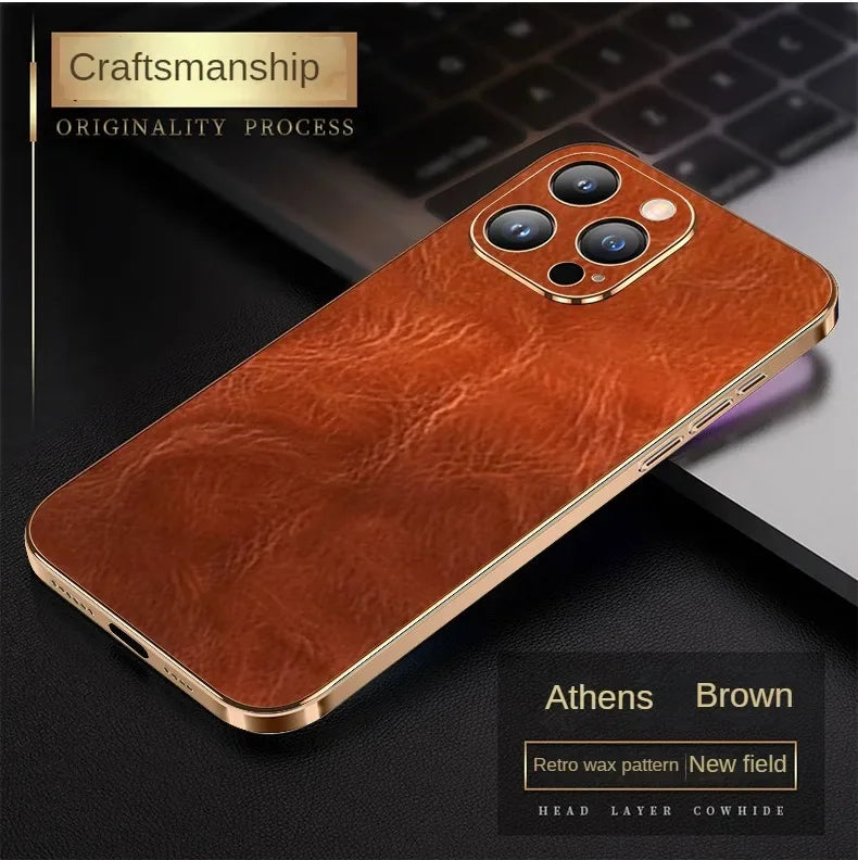 Funda protectora de cuero genuino de lujo para iPhone 15 Pro Max, lente Retro, protección de agujero pequeño de precisión, nuevo