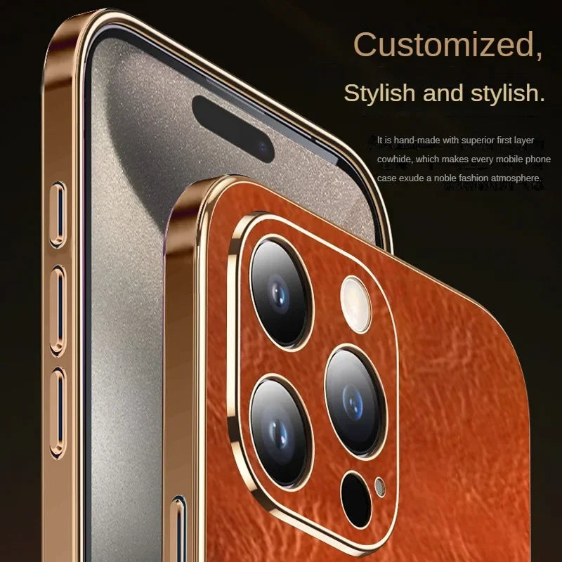 Funda protectora de cuero genuino de lujo para iPhone 15 Pro Max, lente Retro, protección de agujero pequeño de precisión, nuevo