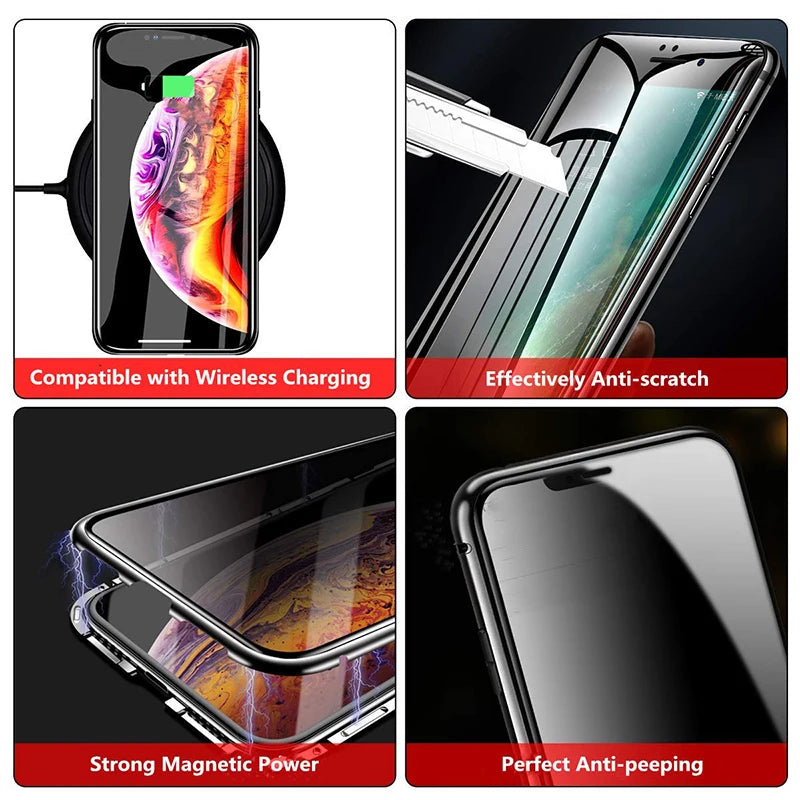 Fundas de vidrio templado magnético antimirones para iPhone, 15, 14, 11, 12, 13 Pro, X, XS MAX, cubierta de parachoques de Metal de privacidad, SE 2022