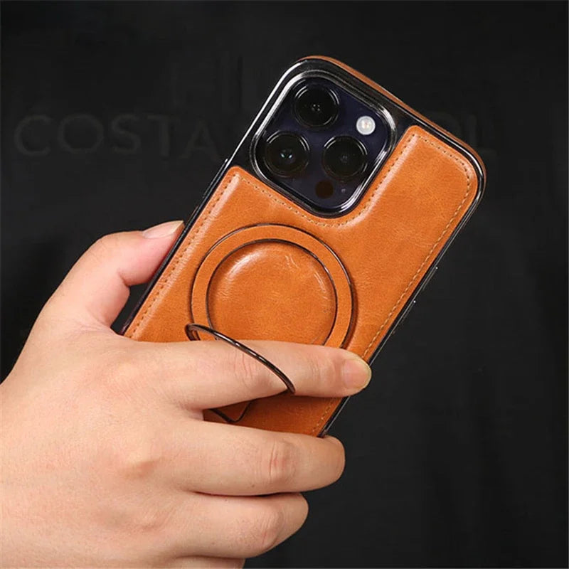 Fundas magnéticas de cuero de lujo con soporte de anillo para iPhone 15, 12, 13, 14 Pro Max, funda de carga inalámbrica Magsafe