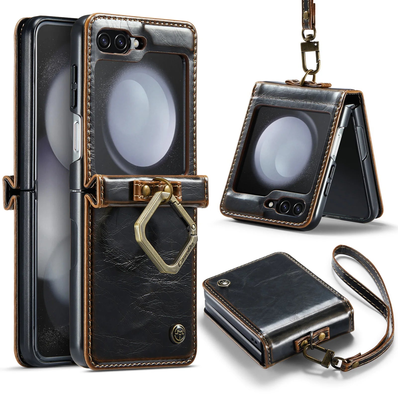 HCOE-Funda de cuero Retro para Samsung Galaxy Z Flip 5 4 3, funda con soporte de anillo con correa para Galaxy Z Flip5 Flip4 Flip3 5G