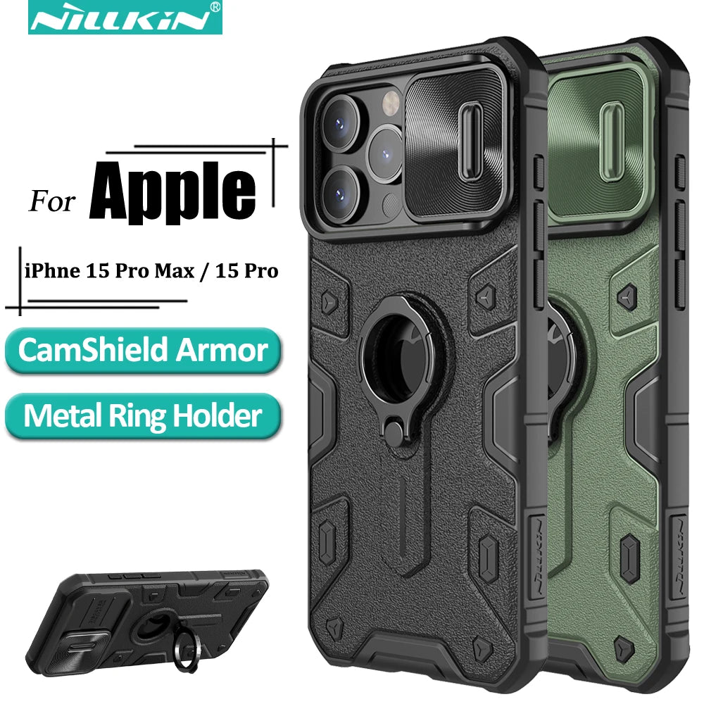 Funda ARMOR Nillkin para iPhone 15 Pro Max / 15 Pro, con soporte integrado y cubierta de cámara deslizante