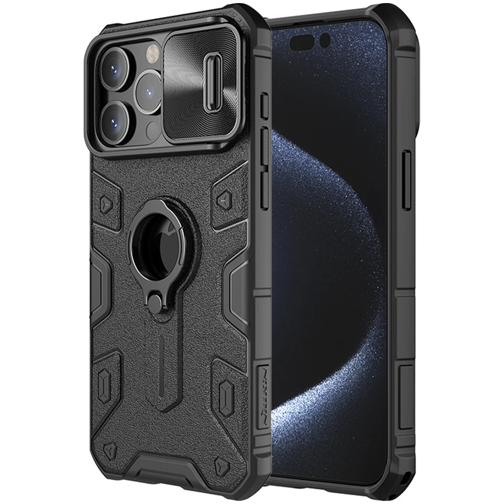 Funda ARMOR Nillkin para iPhone 15 Pro Max / 15 Pro, con soporte integrado y cubierta de cámara deslizante