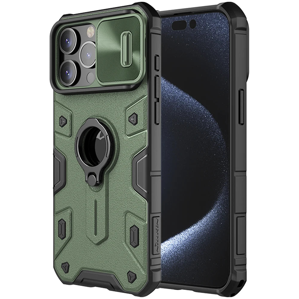 Funda ARMOR Nillkin para iPhone 15 Pro Max / 15 Pro, con soporte integrado y cubierta de cámara deslizante