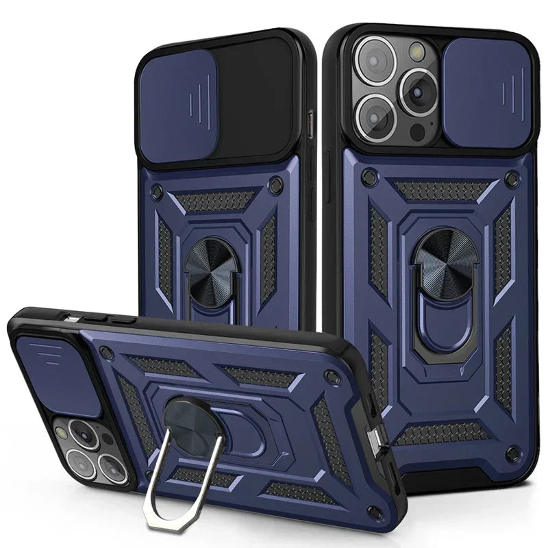 Protector de lente de cámara deslizante, funda de armadura para iPhone 15, 13, 14, 11, 12 Pro Max, Mini, XS, XR, X, 7, 8 Plus, parachoques de grado militar, cubierta de anillo