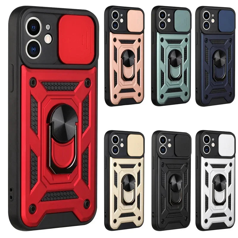 Protector de lente de cámara deslizante, funda de armadura para iPhone 15, 13, 14, 11, 12 Pro Max, Mini, XS, XR, X, 7, 8 Plus, parachoques de grado militar, cubierta de anillo