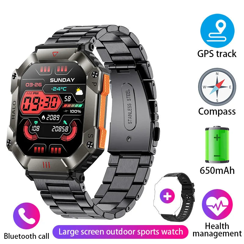 Reloj inteligente militar para hombre, pulsera con rastreador de brújula, resistente al agua, batería de 650 mAh, Bluetooth