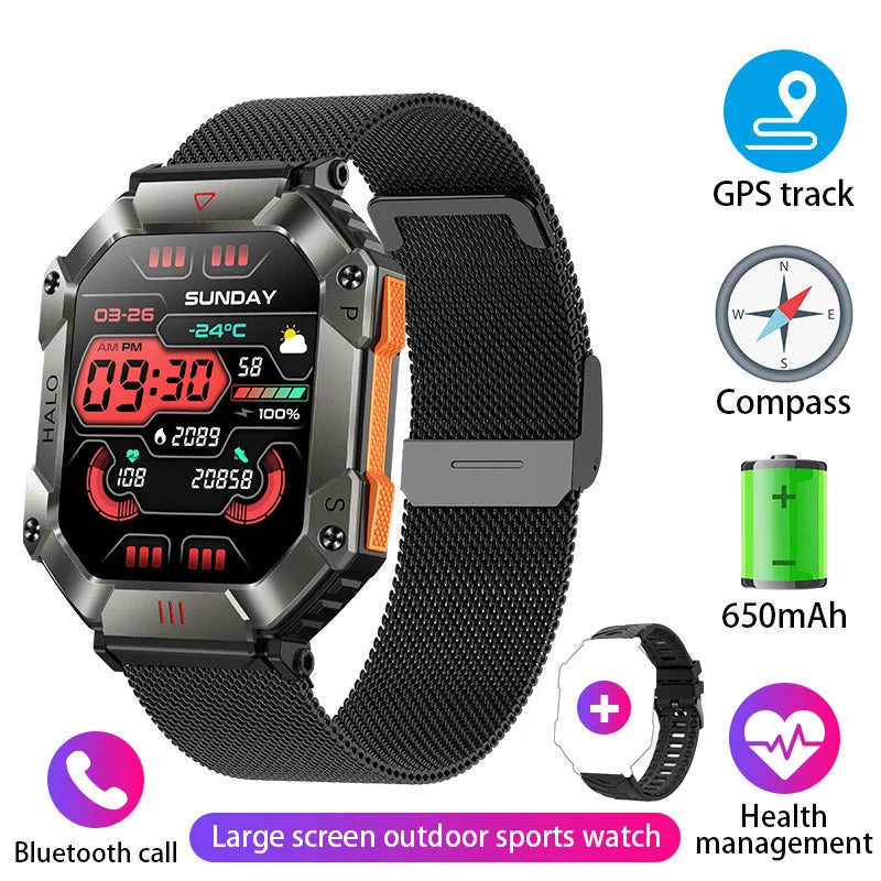 Reloj inteligente militar para hombre, pulsera con rastreador de brújula, resistente al agua, batería de 650 mAh, Bluetooth