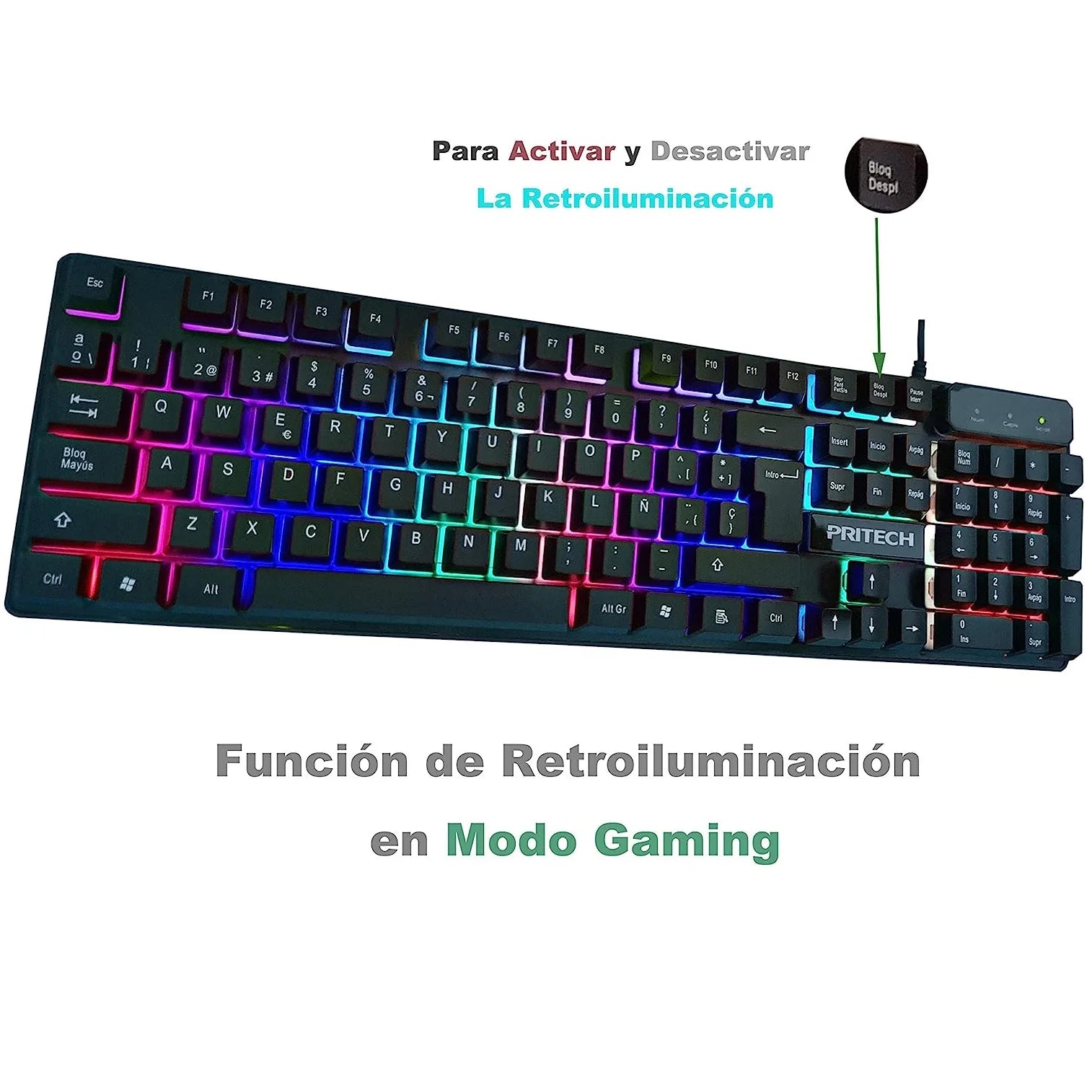 Teclado Gaming Español con Luces LED para Jugar con Cable USB para Gamer y Oficina